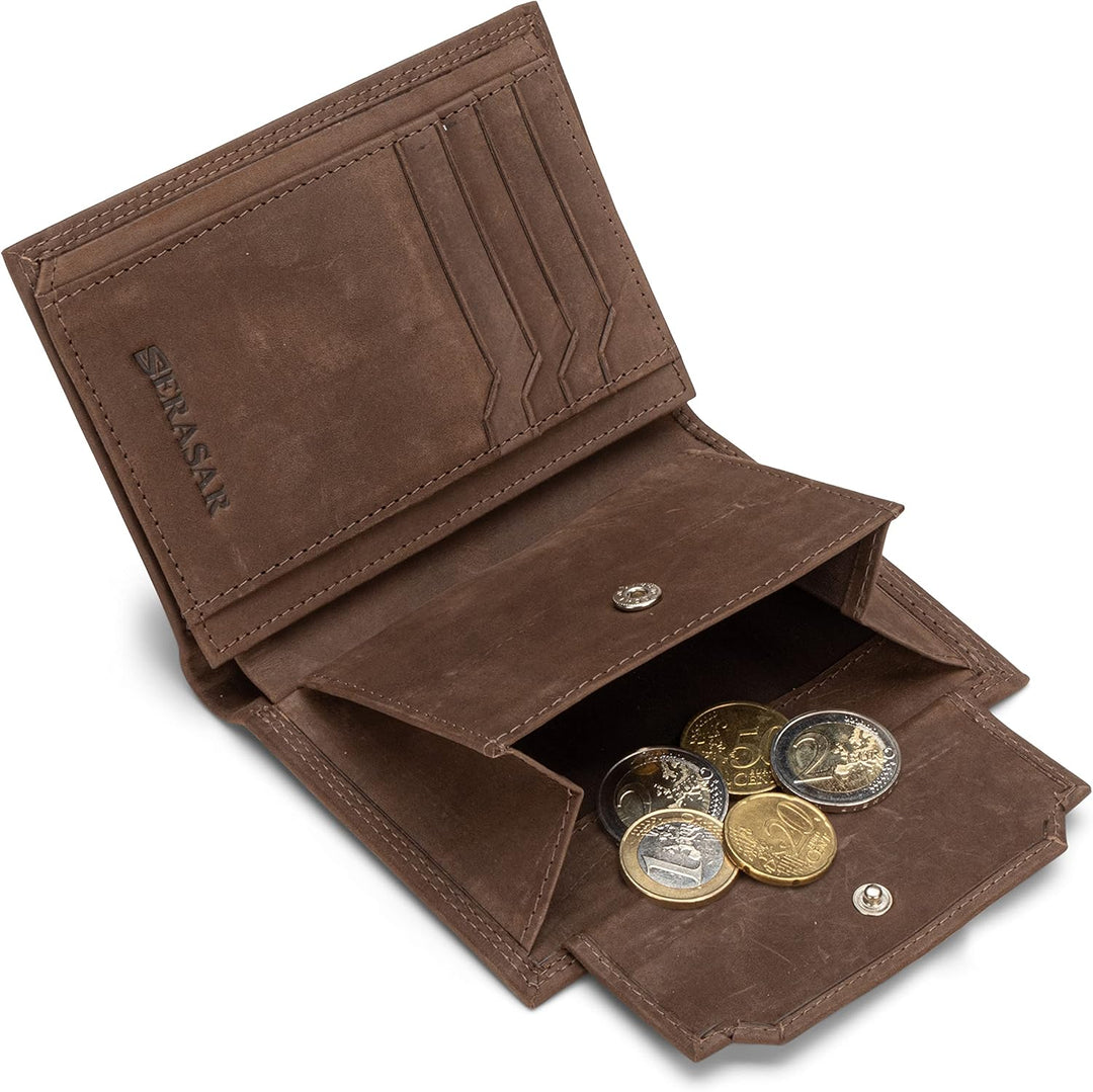 SERASAR | Leder Portemonnaie Herren [Vintage] mit RFID Schutz | Braun | Echtleder | 12 Kartenfächer