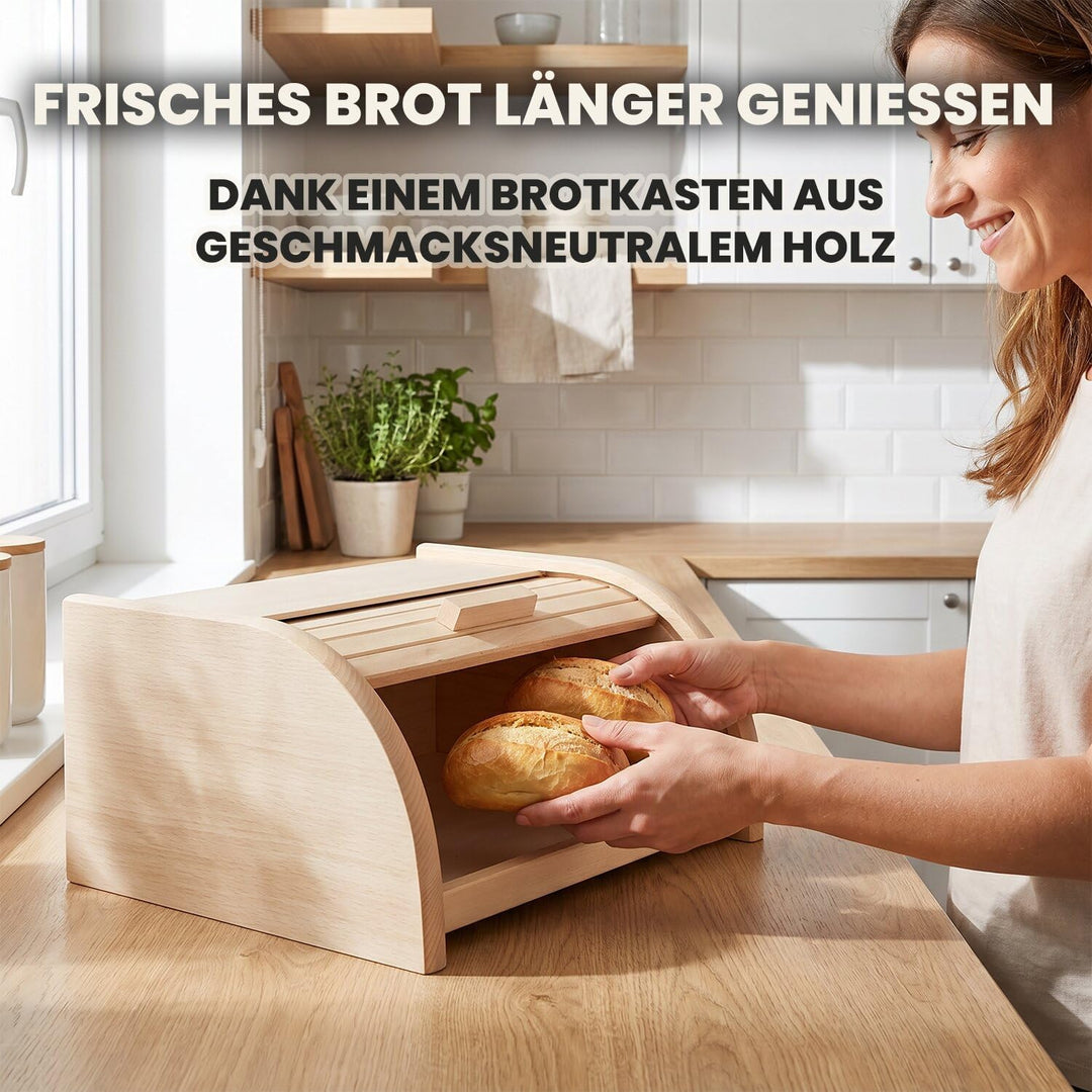 Brotkasten Holz XL mit grosser Öffnung und Rolltop - Brotbox aus Buchenholz für lang anhaltende Fris