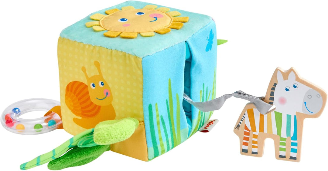 HABA Entdeckerwürfel Zebra – Baby-Sensorik-Würfel mit abnehmbarem Holz-Zebra & Spieleffekten – Babys
