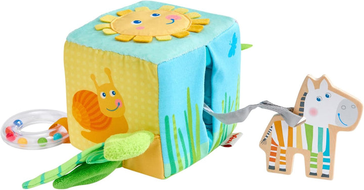 HABA Entdeckerwürfel Zebra – Baby-Sensorik-Würfel mit abnehmbarem Holz-Zebra & Spieleffekten – Babys