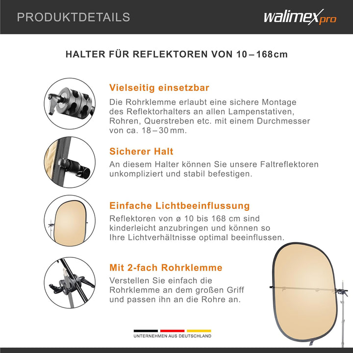 Walimex Reflektorhalter, 10-168 cm (2-fach Rohrklemme) Single, Single