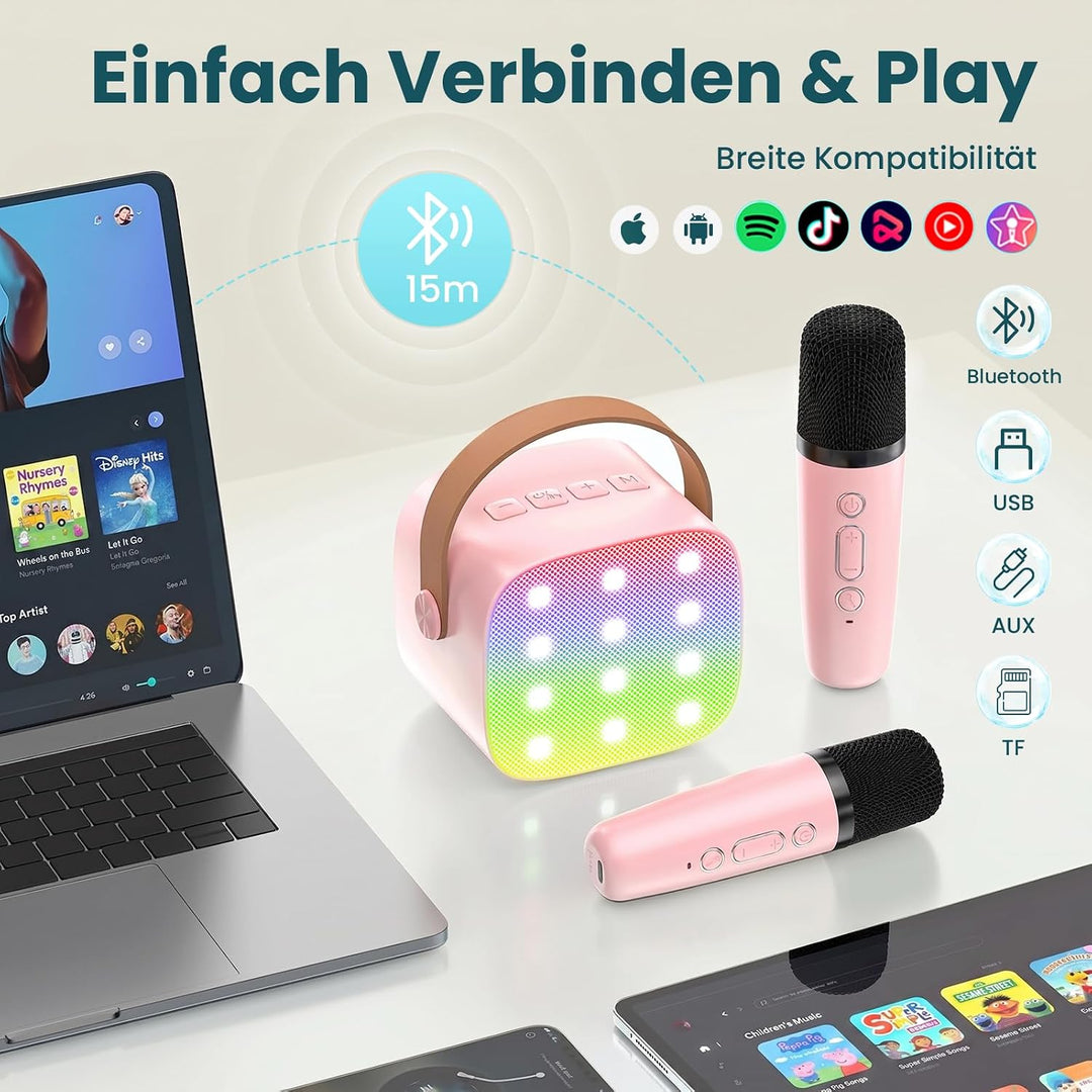 Karaoke Maschine mit 2 Drahtlosen Mikrofonen, Wowstar Tragbares Bluetooth Karaoke Maschine für Kinde