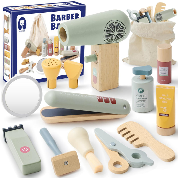 Holz Friseur Set Kinder mit Haartrockner Glätteisen Kamm Haarstyling Rasierzubehör Salon Friseur Zub