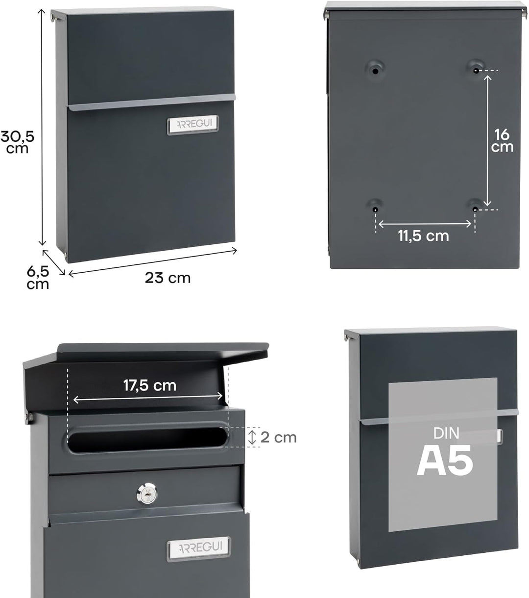 ARREGUI Line E6805 Briefkasten für den Aussenbereich aus Stahl, klein, Grösse S (Din A5), Wandmontag