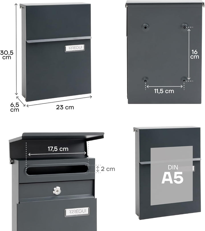 ARREGUI Line E6805 Briefkasten für den Aussenbereich aus Stahl, klein, Grösse S (Din A5), Wandmontag