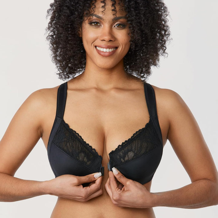 AISILIN BH Damen mit Bügel Vorderverschluss Racerback Spitze ohne Polster Grosse Grössen 75C Schwarz