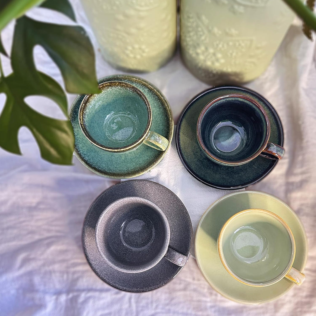Espressotassen Set mit Untertassen 100ml, 4er Set bunt, handgefertigte Steingut Kaffeetassen, spülma