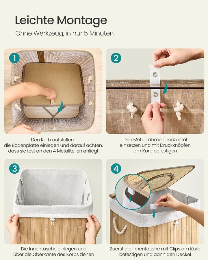 SONGMICS Pfandflaschen-Sammelbehälter, 95 L Pfandflaschen-Behälter, Bambus, Flaschensammler Leergut,