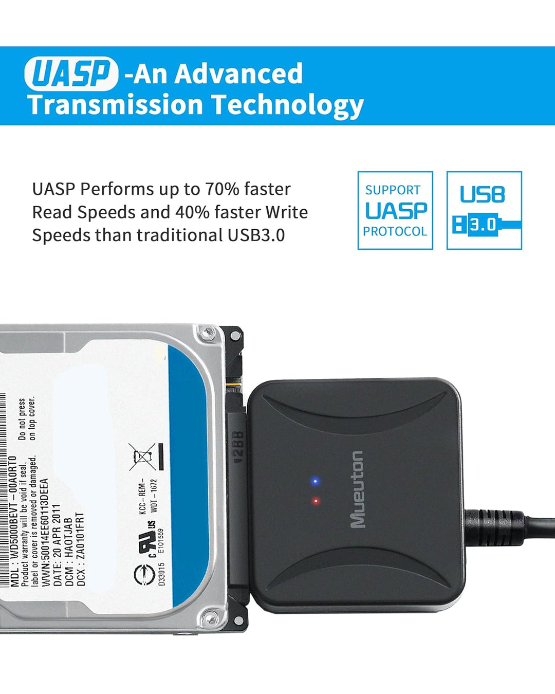Mueuton SATA USB Adapter, USB 3.0 auf SATA III Festplattenadapter für 2,5 Zoll / 3,5 Zoll HDD/SSD Fe