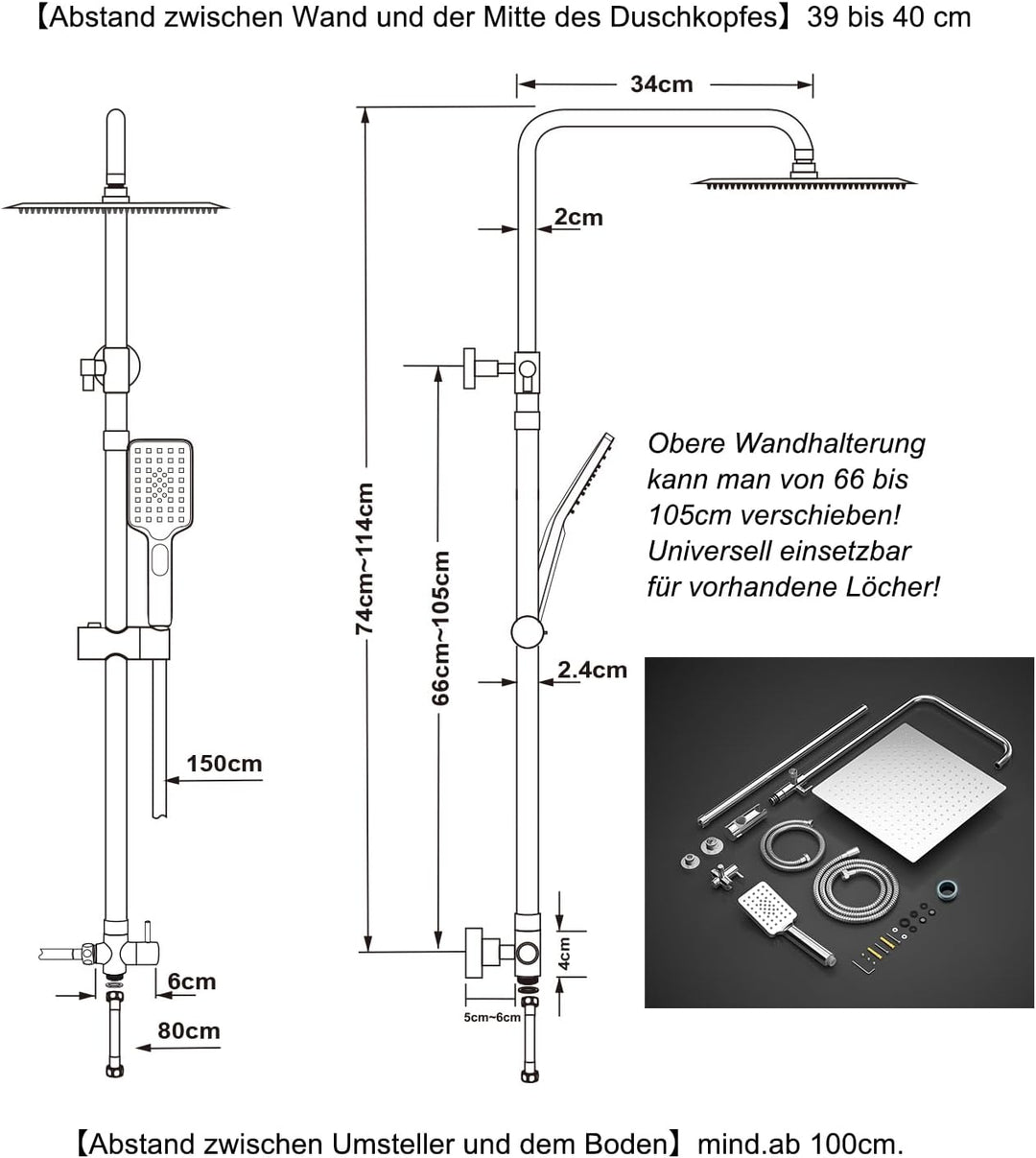 JOHO Duschset ohne Armatur, Chrom Duschstangeset Duschsäuleset, Regendusche Duschsystem mit Duschkop