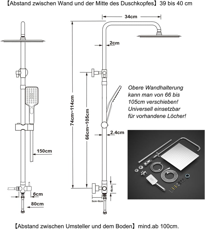 JOHO Duschset ohne Armatur, Chrom Duschstangeset Duschsäuleset, Regendusche Duschsystem mit Duschkop