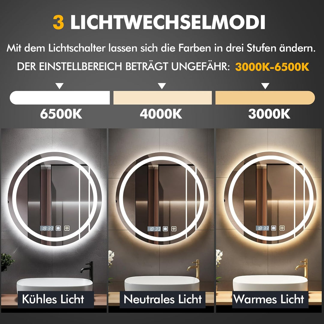 Badspiegel mit Beleuchtung 60x60cm,Runder Spiegel mit Licht,Badezimmerspiegel mit Beleuchtung und En
