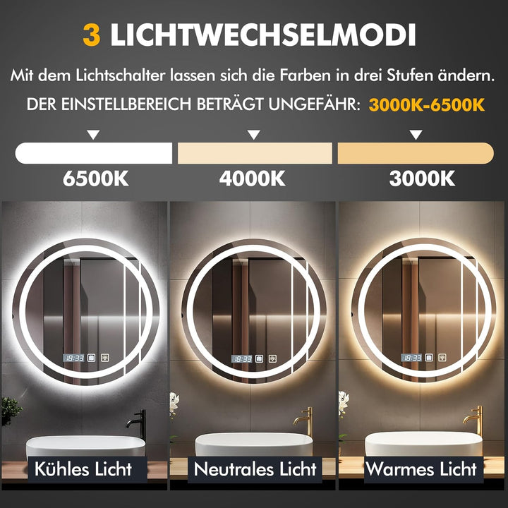 Badspiegel mit Beleuchtung 60x60cm,Runder Spiegel mit Licht,Badezimmerspiegel mit Beleuchtung und En