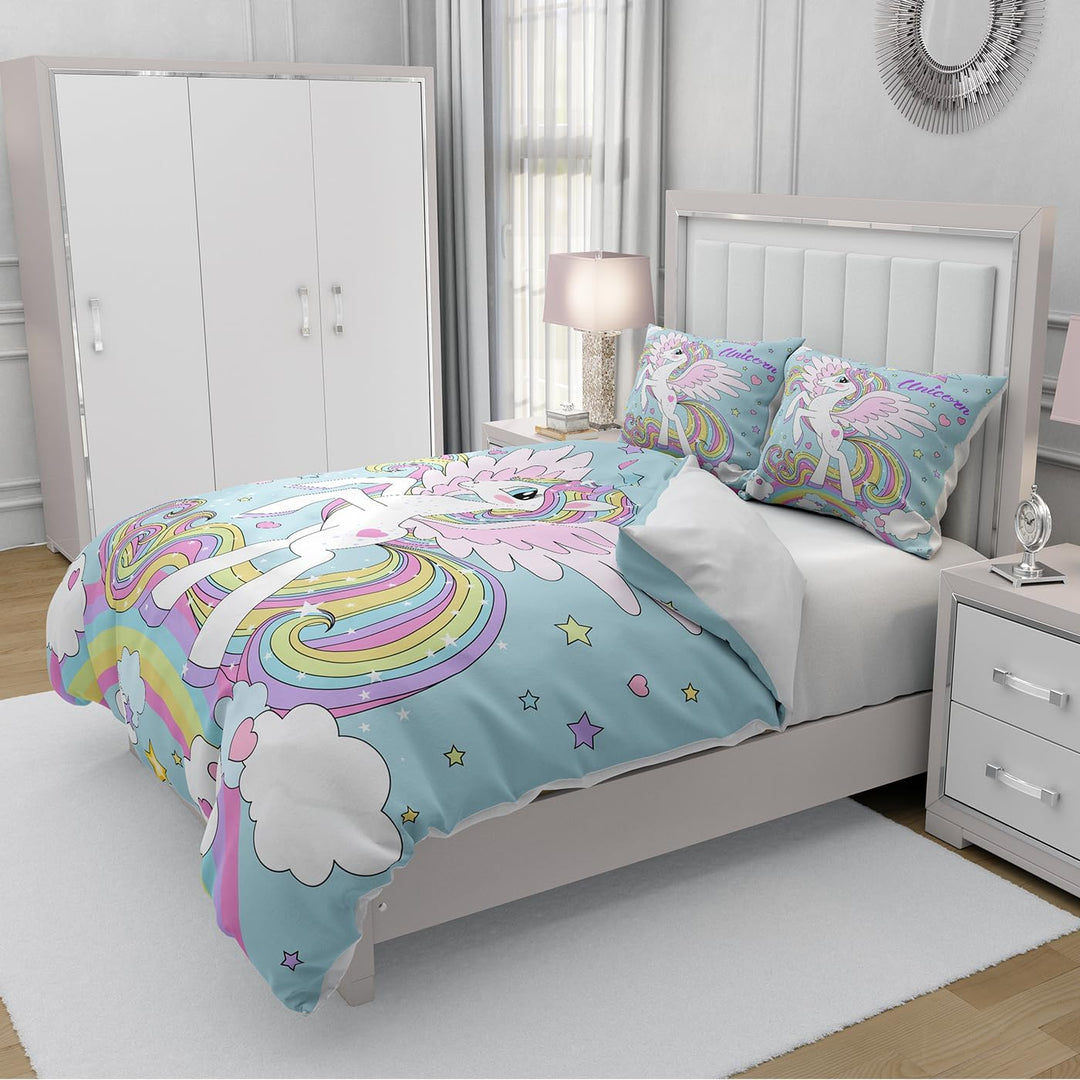 Rosa Einhorn Mädchen Bettwäsche Set,Cartoon Einhorn Muster Kinder Bettbezug Set,Regenbogen Wolken un