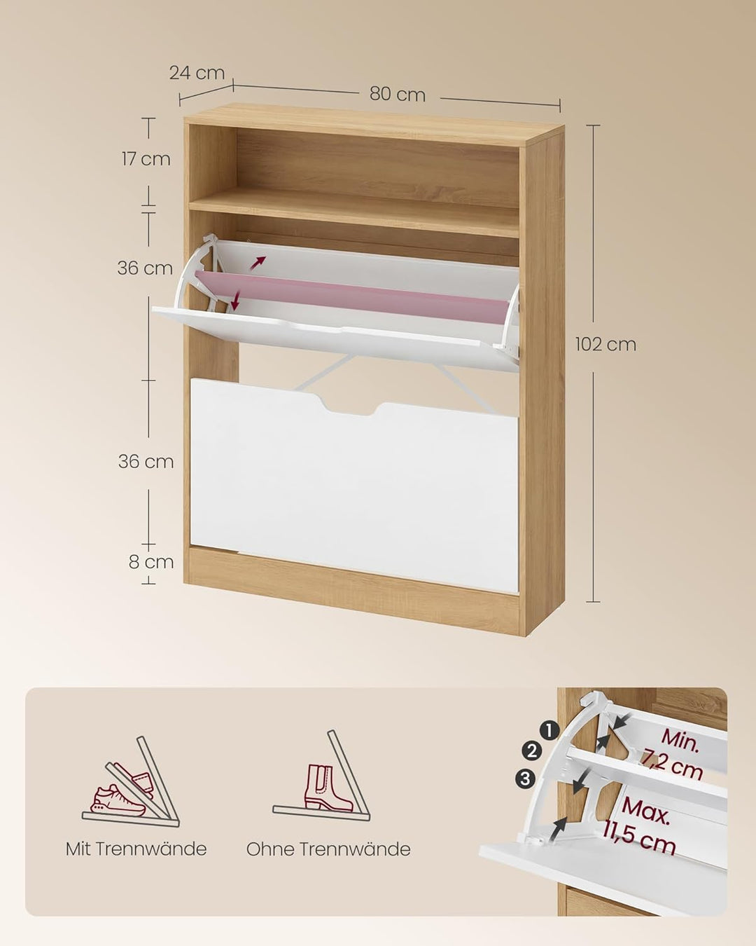 VASAGLE Custos Kollektion - Schuhschrank, Schuhkipper, Schuhaufbewahrung, offenes Fach, Trennwand ve