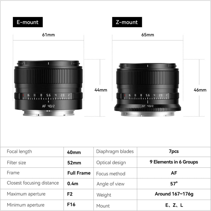 TTARTISAN 40 mm f/2 AF-Objektiv für L-Mount, Vollformat 40 mm f2 Autofokus Prime Objektive für L-Mou