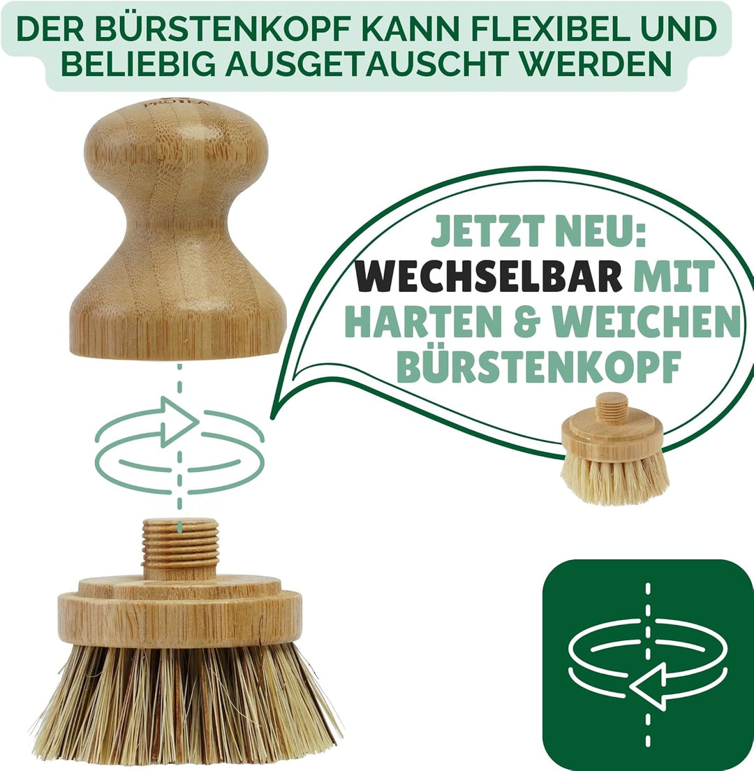 PROTEA Topfbürste mit Ersatzköpfen (3er Set) - nachhaltige Spülbürste für Töpfe - Reinigungsbürste f