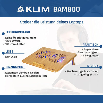 KLIM Bamboo - Laptop Kühlungspad - Anpassbare Geschwindigkeit - Kühlende Unterlage mit Lüftern und B