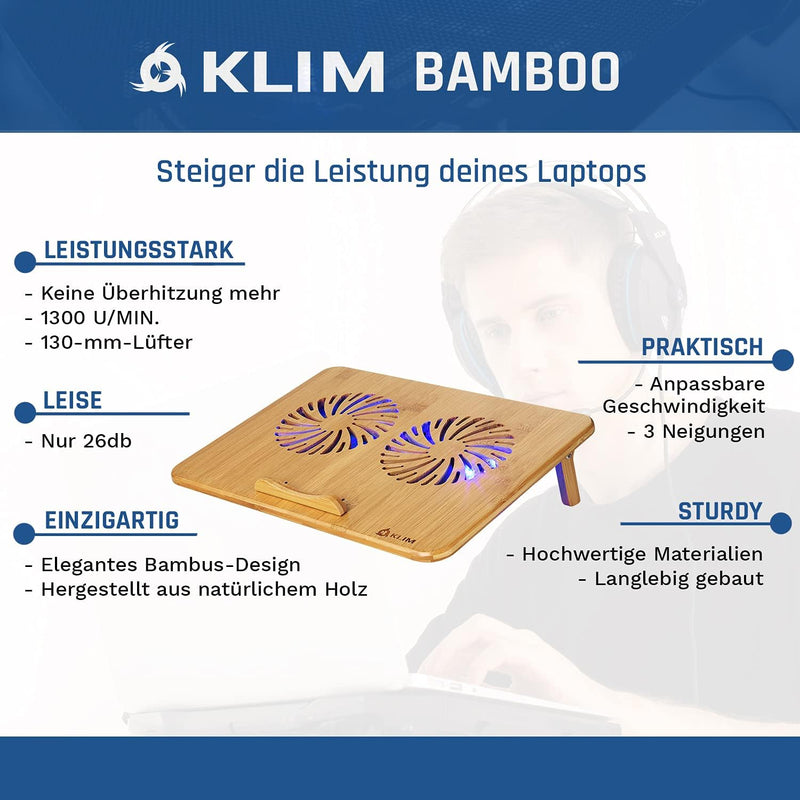 KLIM Bamboo - Laptop Kühlungspad - Anpassbare Geschwindigkeit - Kühlende Unterlage mit Lüftern und B