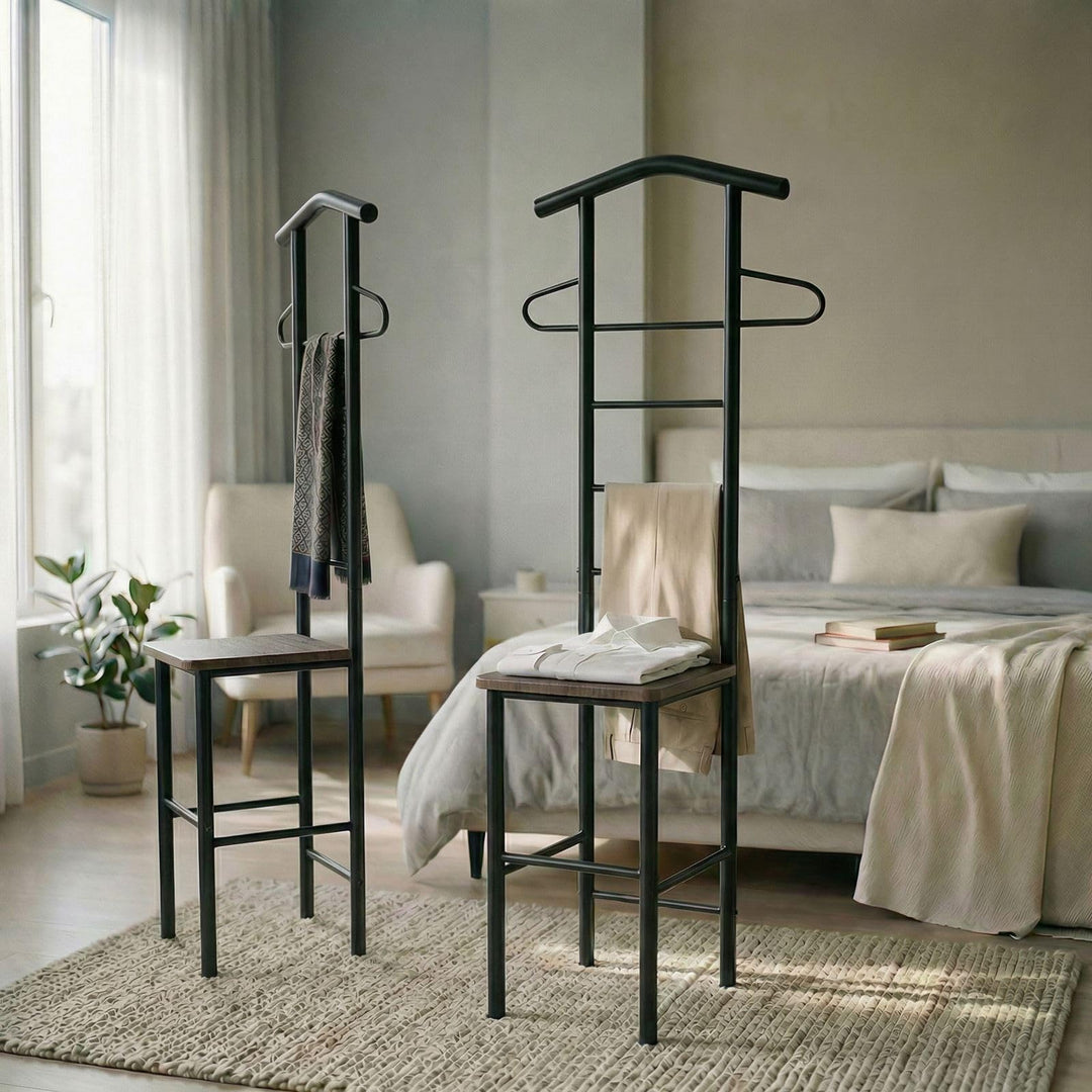 Herrendiener JIVO 2er Set, schwarz/braun – stummer diener mit ablage aus Metall und MDF, kleiderstän