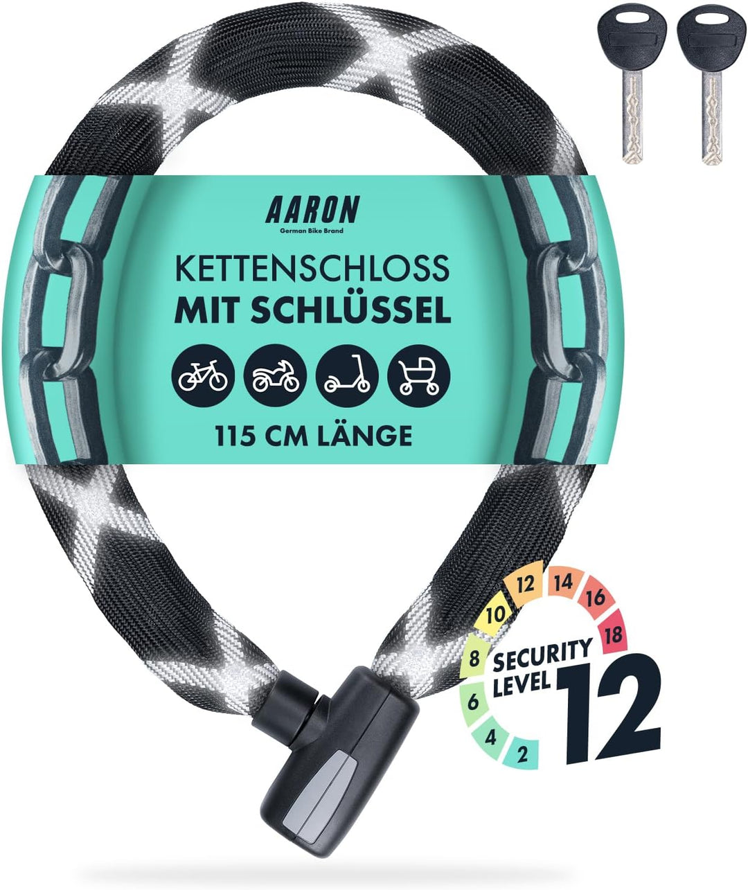 AARON Tank Fahrradschloss mit Schlüssel, 115cm langes, massives Kettenschloss aus Stahl und hoher Si
