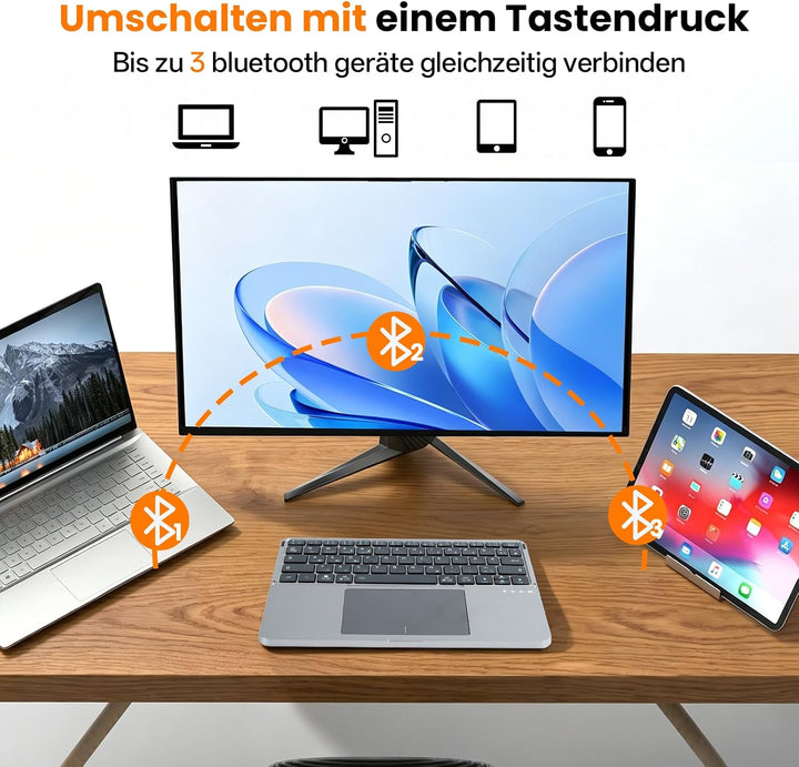Faltbare Tastatur mit Touchpad, Bluetooth Tastatur Tablet, Tastatur Kabellos Leise mit Hüllenhalter,