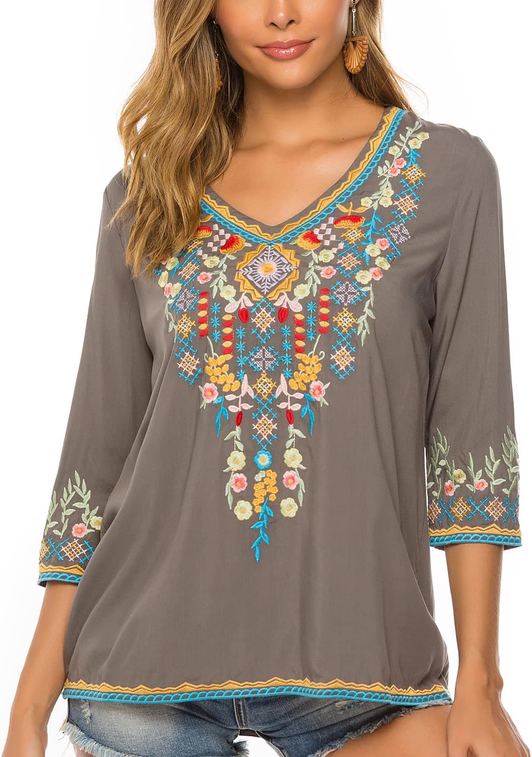 Vakakado Hippie Kleidung Damen Bohemian Folklore Stickerei Bluse 3/4 äRmel V Ausschnitt Tunika Somme