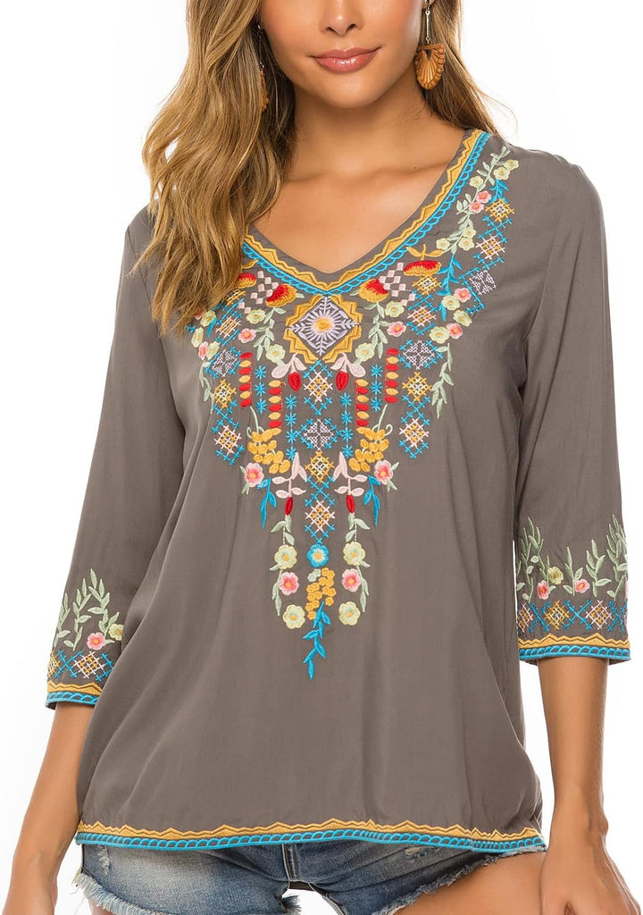 Vakakado Hippie Kleidung Damen Bohemian Folklore Stickerei Bluse 3/4 äRmel V Ausschnitt Tunika Somme