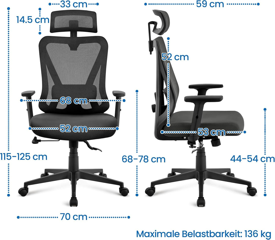 Yaheetech Bürostuhl Ergonomisch, Schreibtischstuhl mit Verstellbarer Kopfstütze, Armlehnen, Lendenwi
