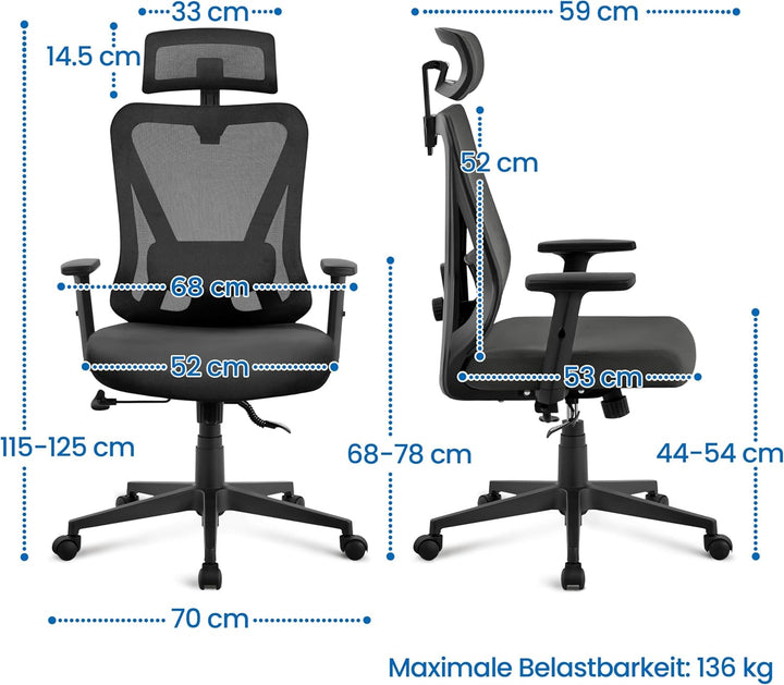Yaheetech Bürostuhl Ergonomisch, Schreibtischstuhl mit Verstellbarer Kopfstütze, Armlehnen, Lendenwi