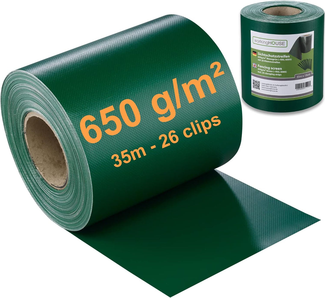 workingHOUSE Premium PVC Sichtschutzstreifen für Doppelstabmattenzaun - 650g/m² 35 m x 19 cm - Zauns