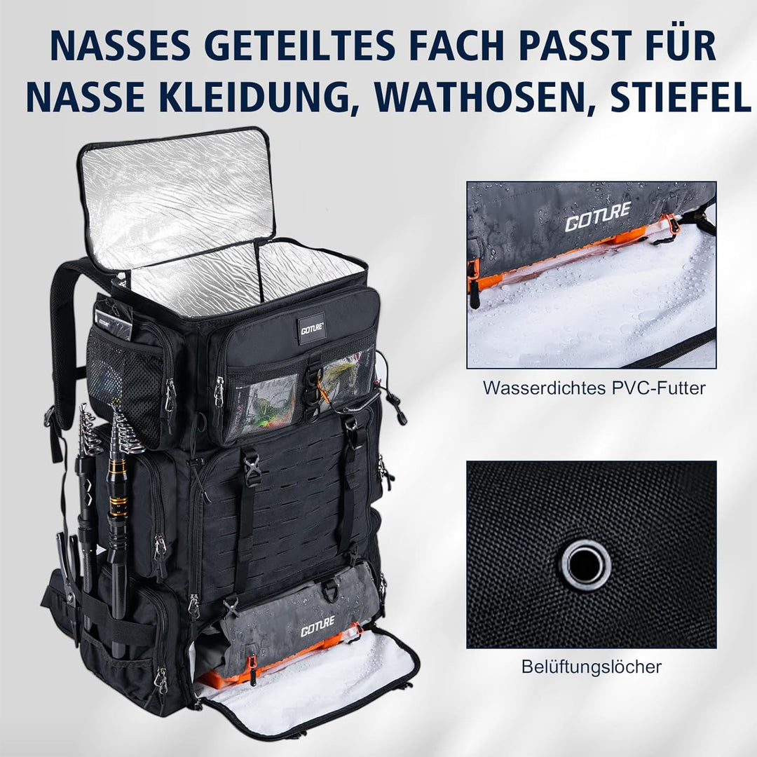 Goture 72L Angelrucksack mit Kühltasche (16L) &amp; Trocken-/Nass-Fach - Verstellbare Fächer Wasserabwei