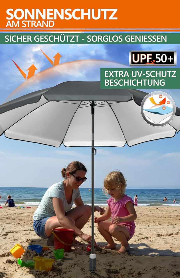 4smile Sonnenschirm Strand SunnyJoy 3-IN-1-SET, Fb. Anthrazit - Strandschirm Ø 180 cm + Bodenhülse +