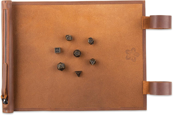 Melia Games RPG Würfelmatte zum Rollen inklusive Würfel Set - handgefertigte Würfelunterlage aus Ech