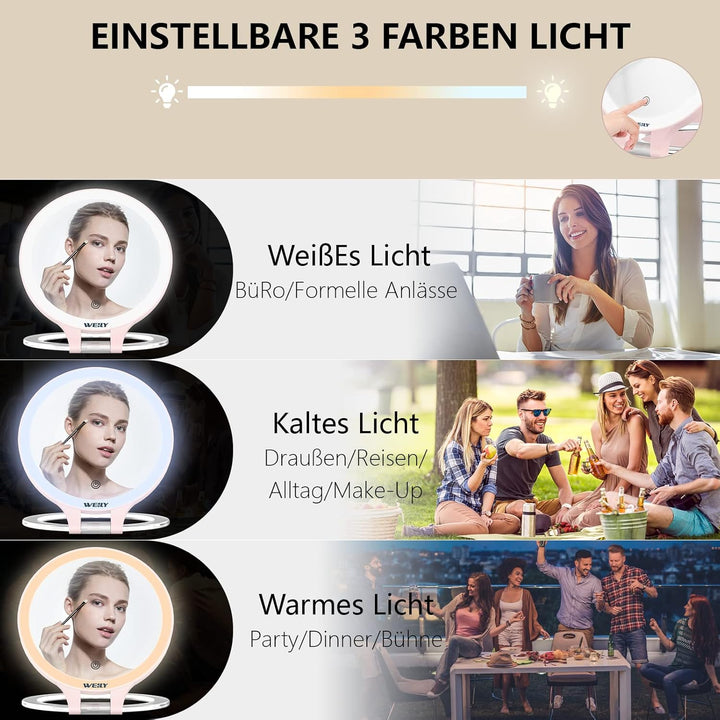 WEILY Schminkspiegel mit Beleuchtung, 10X/1X Vergrösserung Doppelseitiger Kosmetikspiegel mit 3 Farb