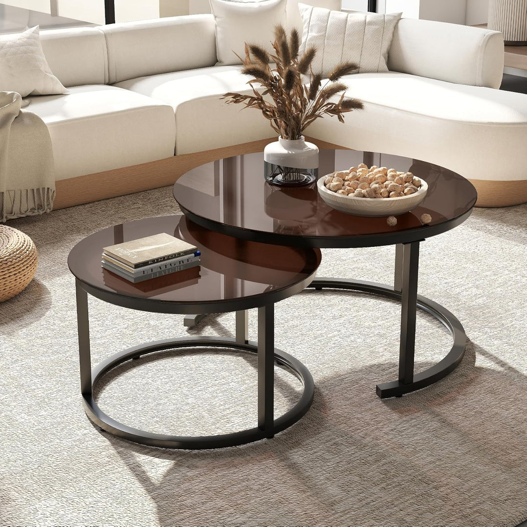 Hawthyhome 2 Stücke Beistelltisch Set rund, Moderne Kaffeetische, Couchtisch aus Glas mit Metallrahm