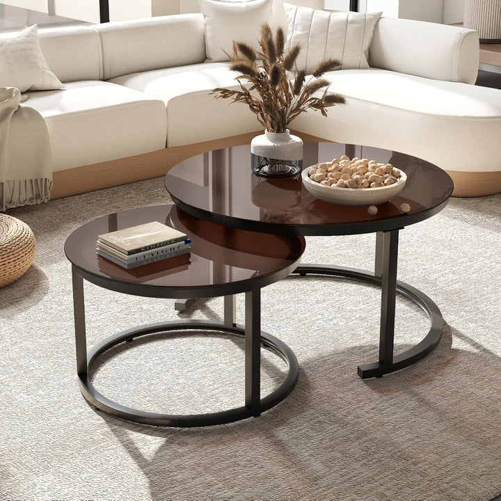 Hawthyhome 2 Stücke Beistelltisch Set rund, Moderne Kaffeetische, Couchtisch aus Glas mit Metallrahm