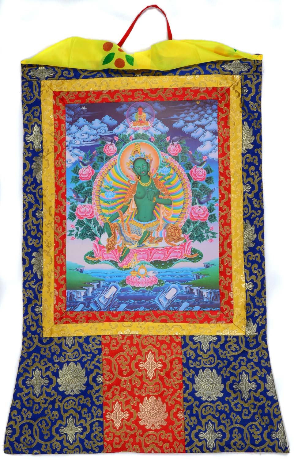 Thangka Grüne Tara oder Green Tara Kunstdruck im tibetischen Brokatrahmen 105cm x 63cm
