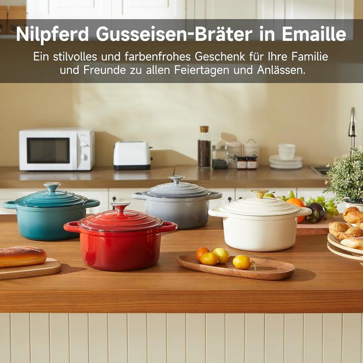 Nilpferd Gusseisen Topf Schmortopf 24cm Emaille Bräter mit Deckel Topflappen, Kasserollen Bratentopf