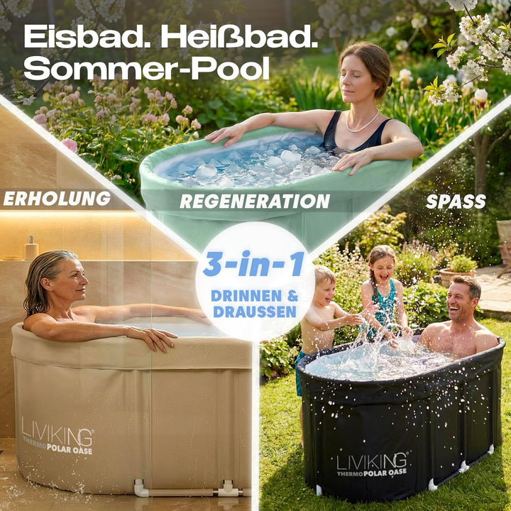 Eisbad + Faltbare Badewanne Erwachsene [120 cm - 2in1 KOMFORT KOMPLETTSET] Eisbaden Tonne, Mobile Ba