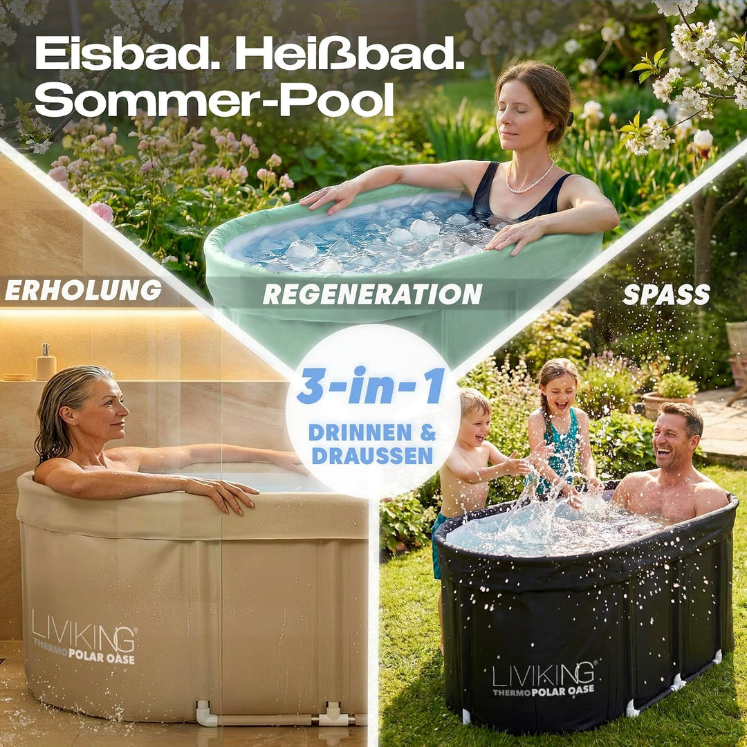 Eisbad 120 cm Komfort-Komplettset – faltbare Badewanne von LIVIKING® Schwarz 120 cm – Classic, Schwa