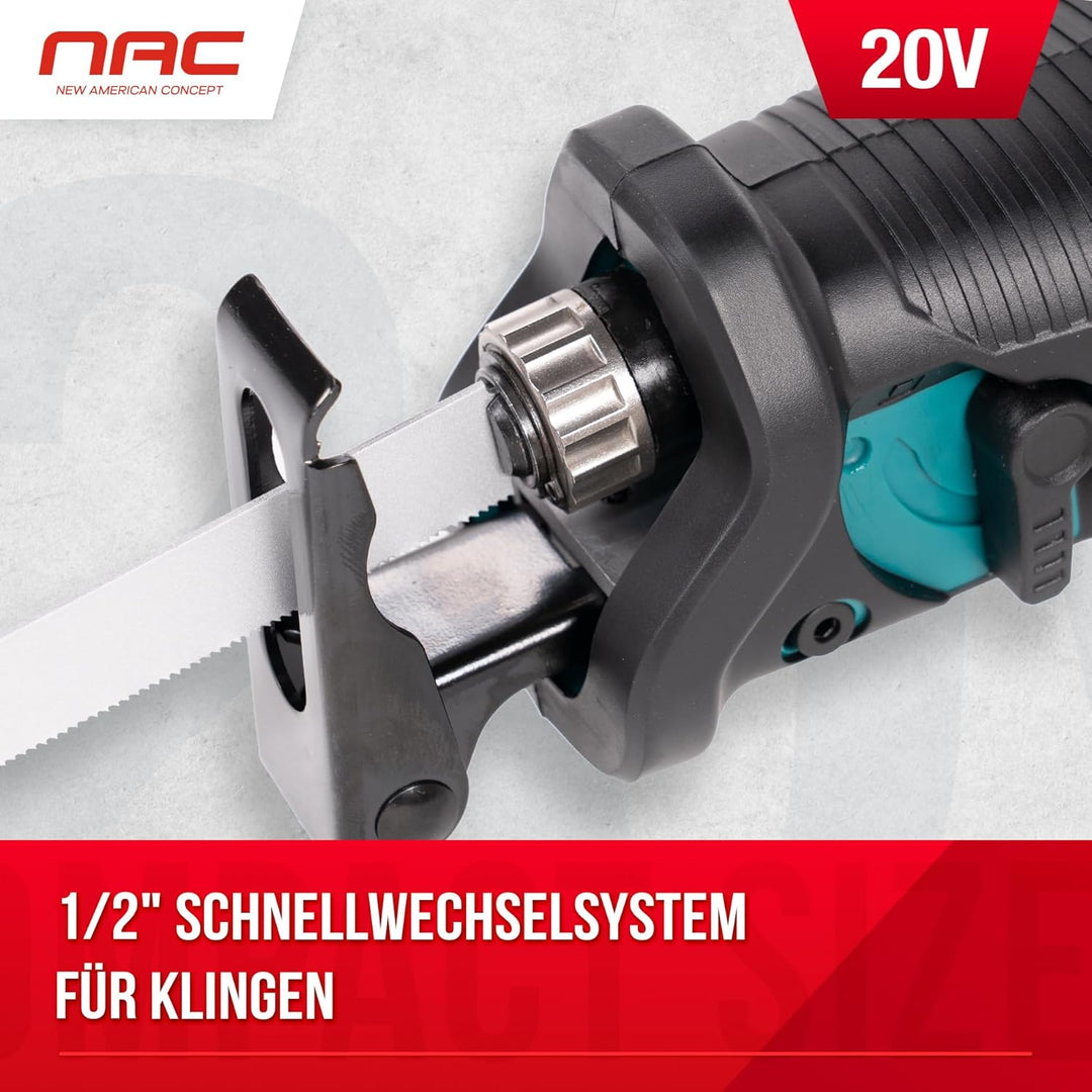 NAC Akku Säbelsäge 20V Li-Lon Akku 2.0Ah mit Ladegerät und 2x Reciprosägeblätter 20mm Nur Gerät, Nur