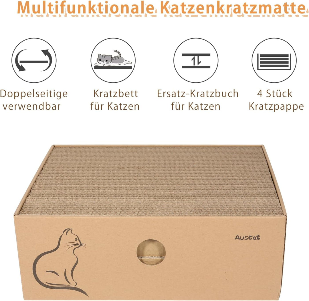AUSCAT Kratzbrett Katze mit Box, 4 STK. Doppelseitige Kratzpappe für Katzen, Wellpappe Kratzbrett fü