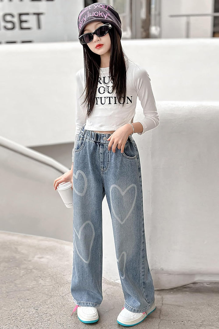 Rolanko Mädchen Jean Hosen Loch Denim Blau Jeans, Vintage Hose mit weitem Bein für Kinder Fit 10-11
