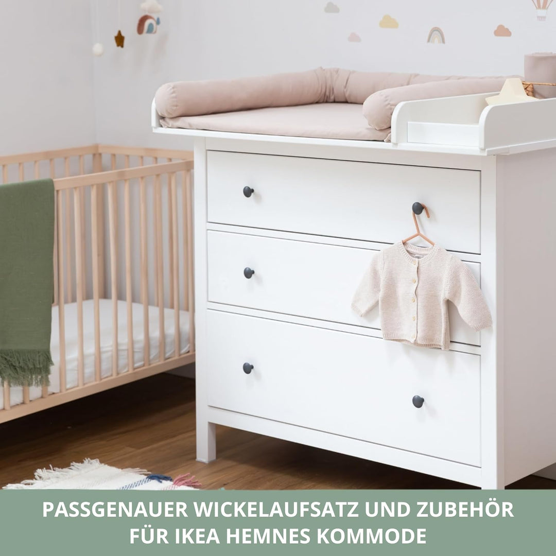 Wickelaufsatz Set für IKEA HEMNES – mit Aufsatz, Wickelauflage & Umrandung aus 100% Baumwolle (Pure