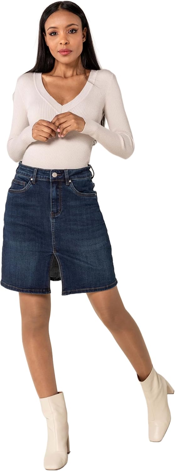 Nina Carter P213 Damen Kurzer Jeansrock mit Vorderem Schlitz Reissverschluss Stretch Used-Look Dunke