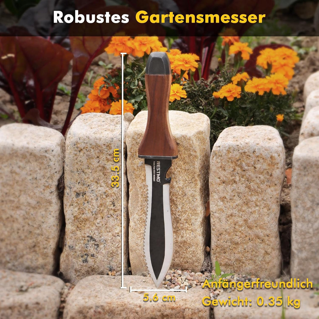 Restmo Hori Hori Gartenmesser, Doppelseitige Edelstahlklinge mit Sägezahnung, Tiefenskala & Nylonsch