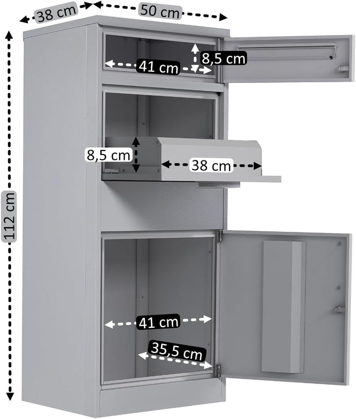 Zelsius Paketbriefkasten | RAL9007 Grau | verzinkter pulverbeschichteter Stahl mit Edelstahl Element