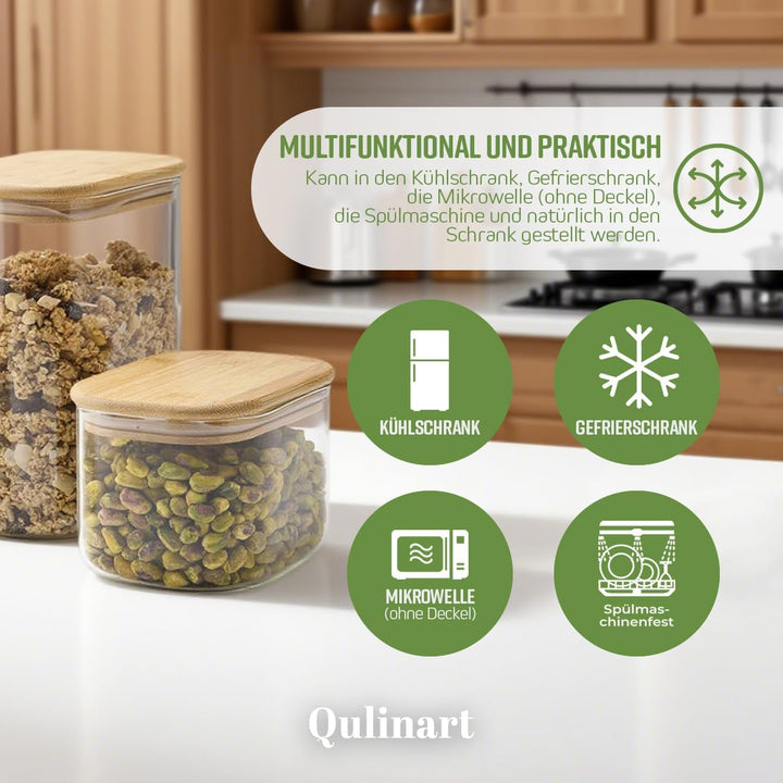 QULINART 3er-Set 1 l + 1 l + 2 l Borosilikatglasgläser mit luftdichtem Bambusdeckel, wiederverwendba