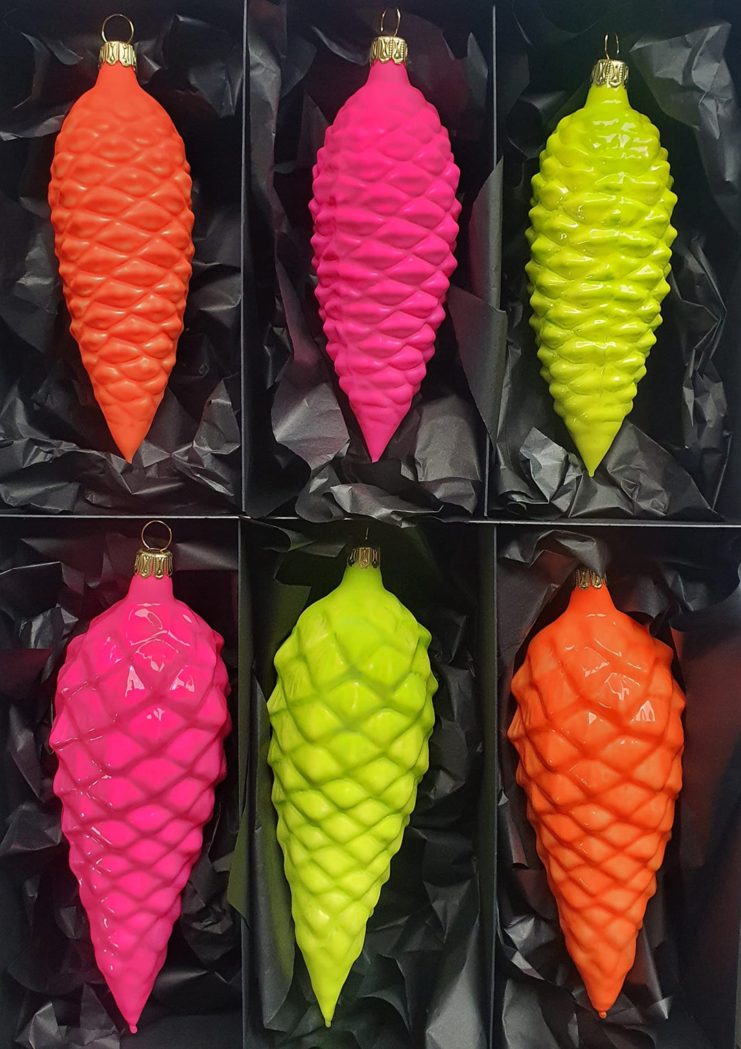 Thüringer Christbaumschmuck Exclusiv NEON Zapfen 12+16cm Handarbeit Germany 6er Set Pink Orange Gelb
